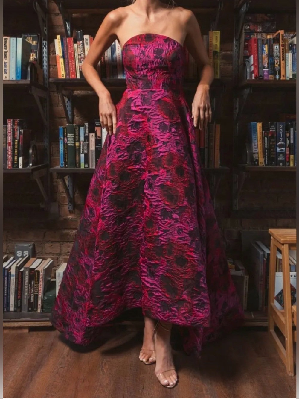 Mac Duggal Strapless Fuchsia and Black Floral Brocade Gown